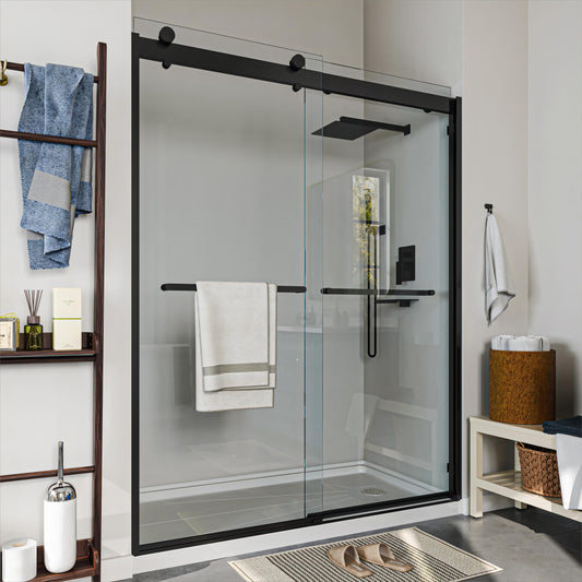 56 in. to 61 in. W x 76 in. H Sliding Framed Shower Door in Matte Black with Clear Glass