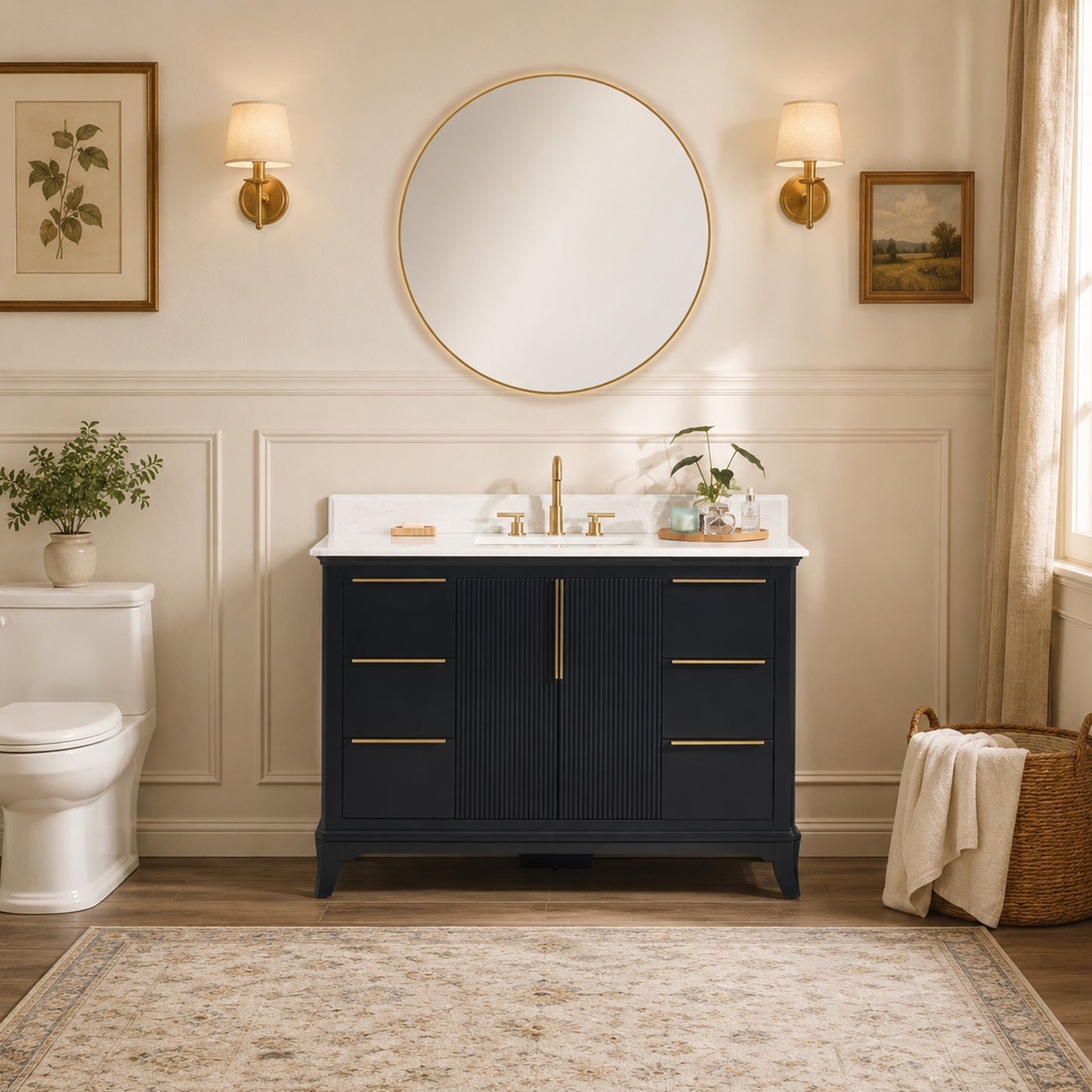 48" Black Fluted Bathroom Vanity with Carrara White Solid Surface Top, Undermount Sink, Solid Wood Frame, 6 Drawers & Fully Assembled