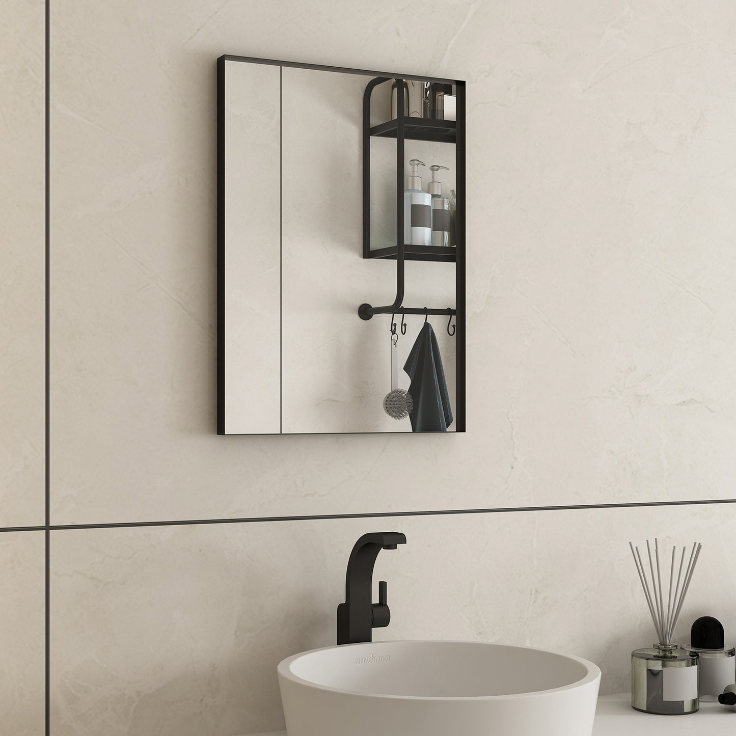Rectangular Framed Bathroom Mirror Right Angle in Matte Black