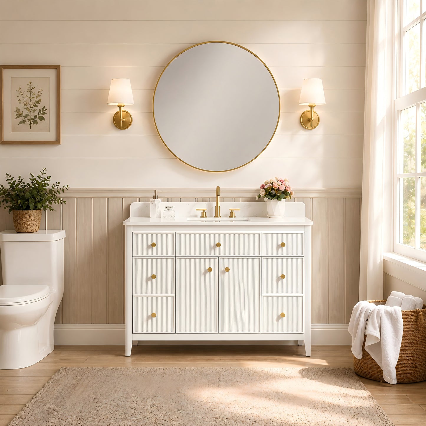 48" White Fluted Bathroom Vanity with Carrara White Engineered Stone Top, Undermount Sink, Solid Wood Frame, Soft-Close Doors, 7 Drawers & Fully Assembled