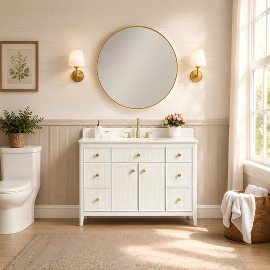 48" White Fluted Bathroom Vanity with Carrara White Engineered Stone Top, Undermount Sink, Solid Wood Frame, Soft-Close Doors, 7 Drawers & Fully Assembled