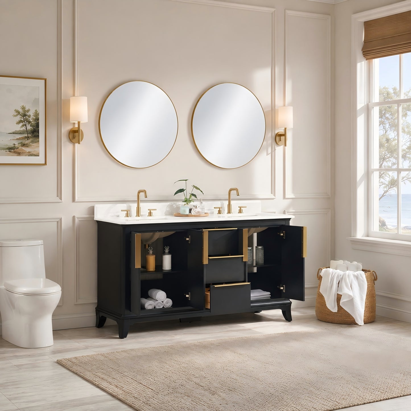 60" Black Fluted Double Sink Bathroom Vanity with White Engineered Stone Top, Dovetail Drawers, Soft-Close Doors & Fully Assembled