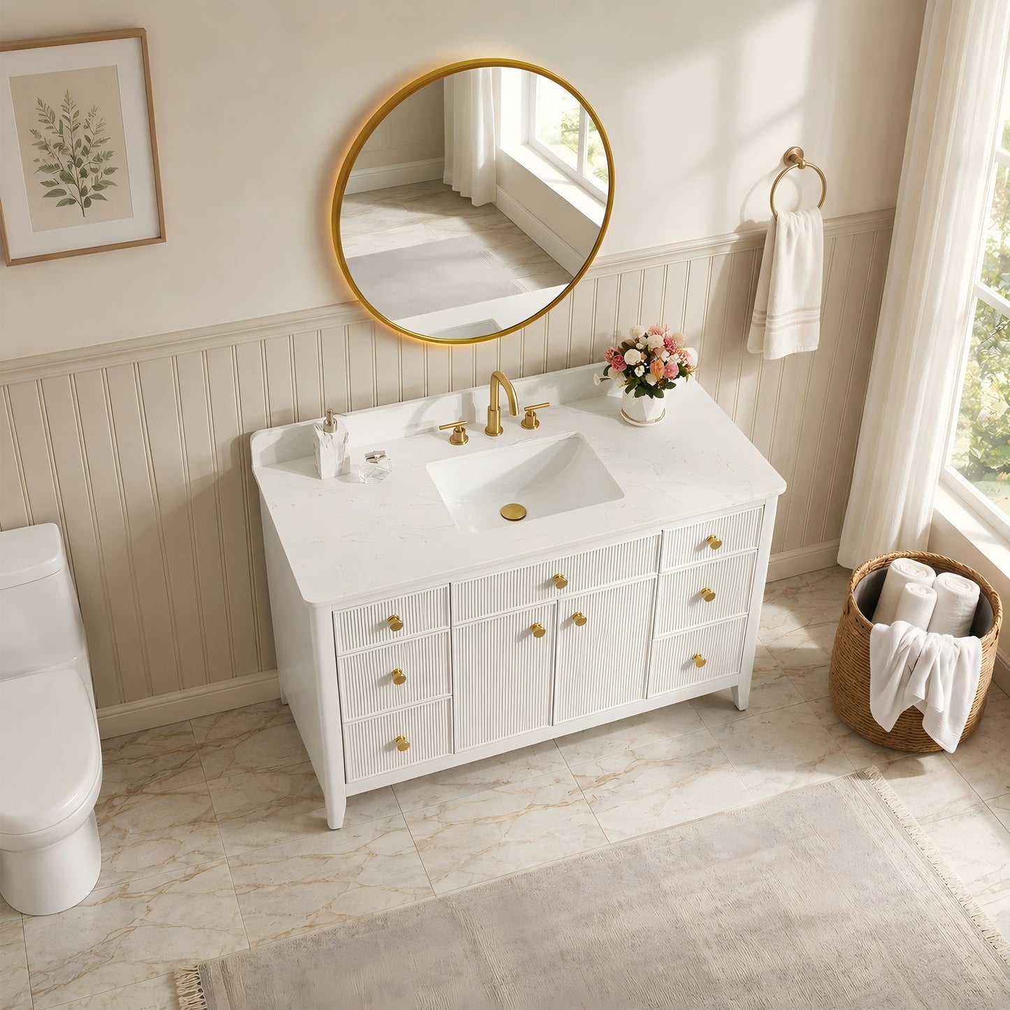48" White Fluted Bathroom Vanity with Carrara White Engineered Stone Top, Undermount Sink, Solid Wood Frame, Soft-Close Doors, 7 Drawers & Fully Assembled