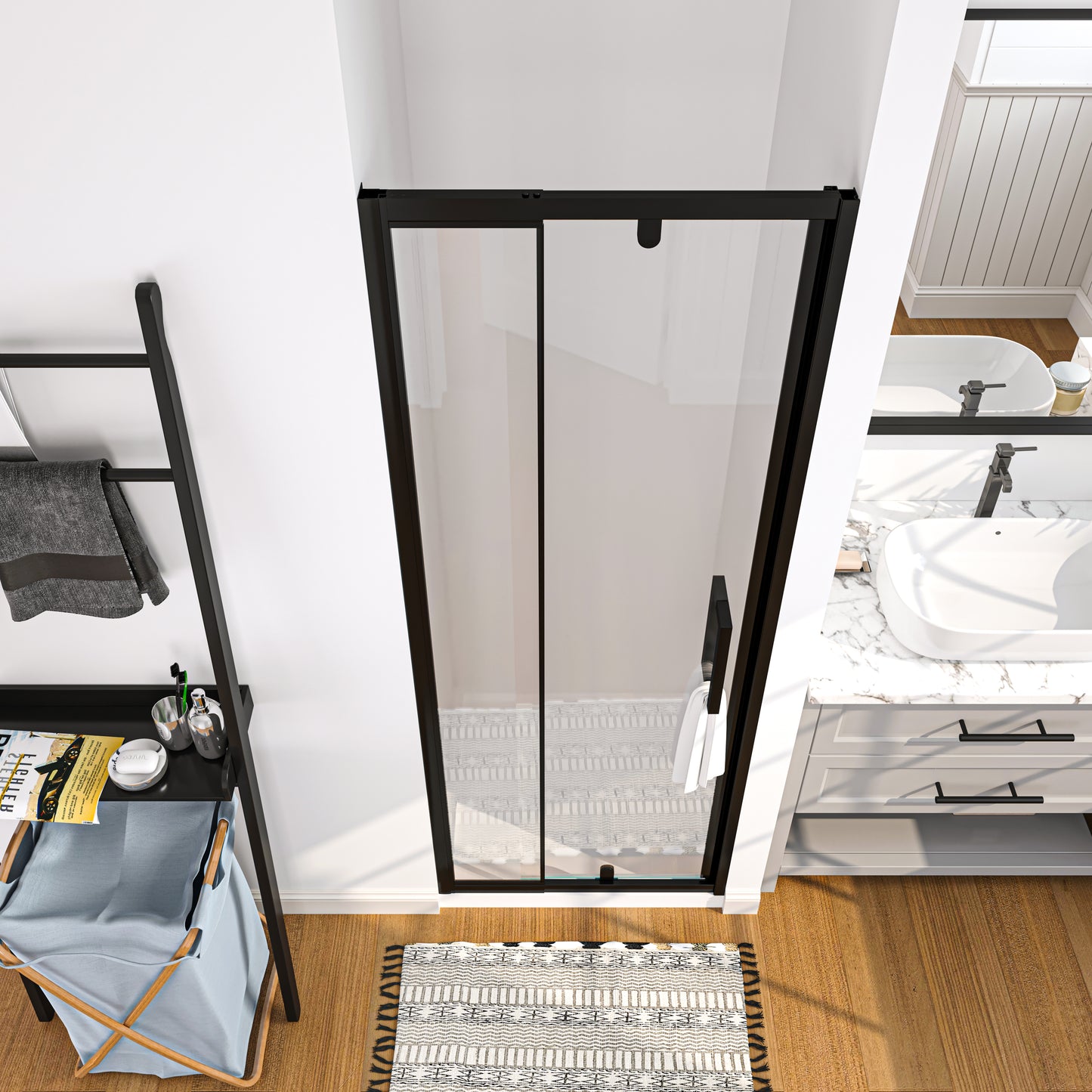 28-32 in. W x 72 in. H Pivot Swing Framed Shower Door Matte Black Clear Glass