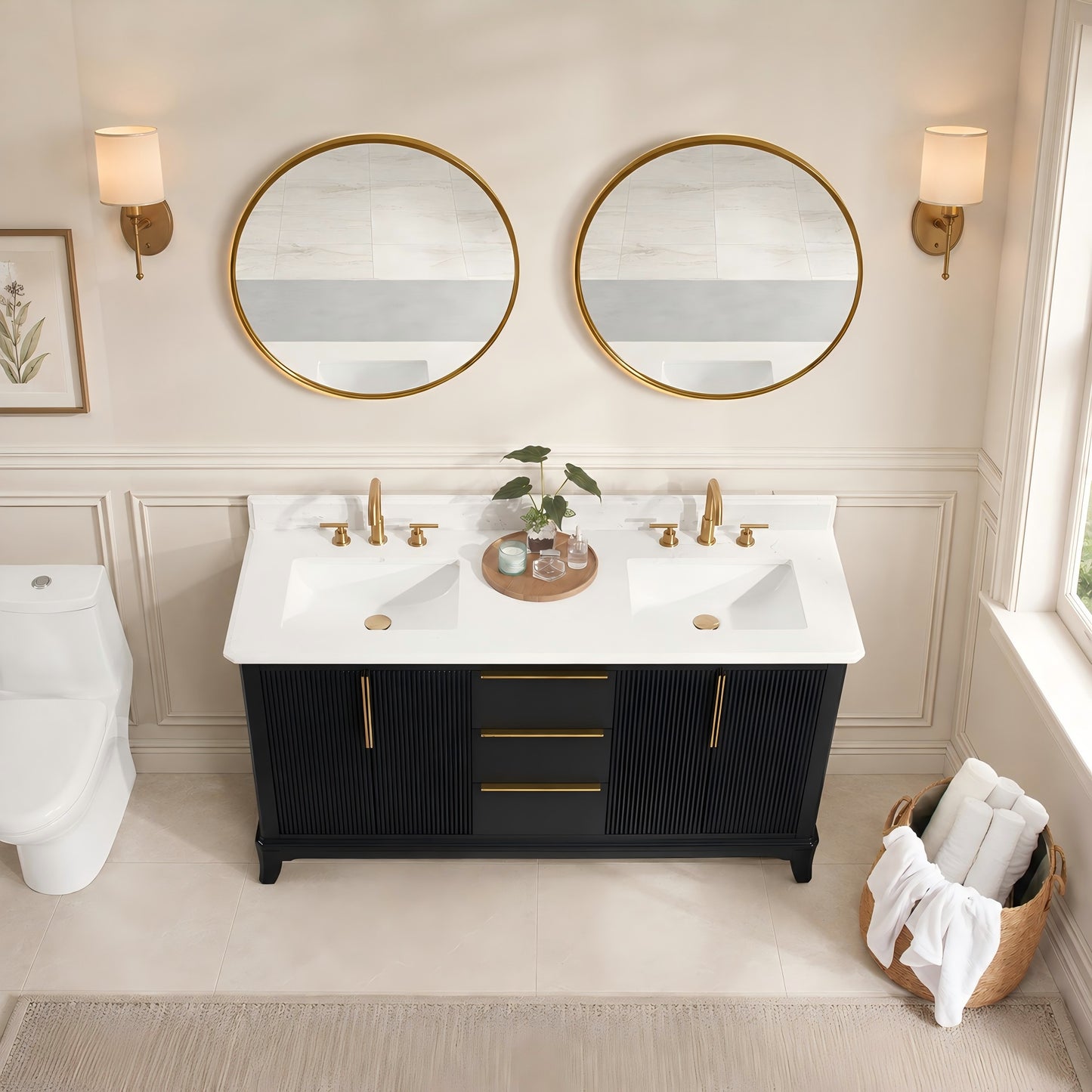 60" Black Fluted Double Sink Bathroom Vanity with White Engineered Stone Top, Dovetail Drawers, Soft-Close Doors & Fully Assembled