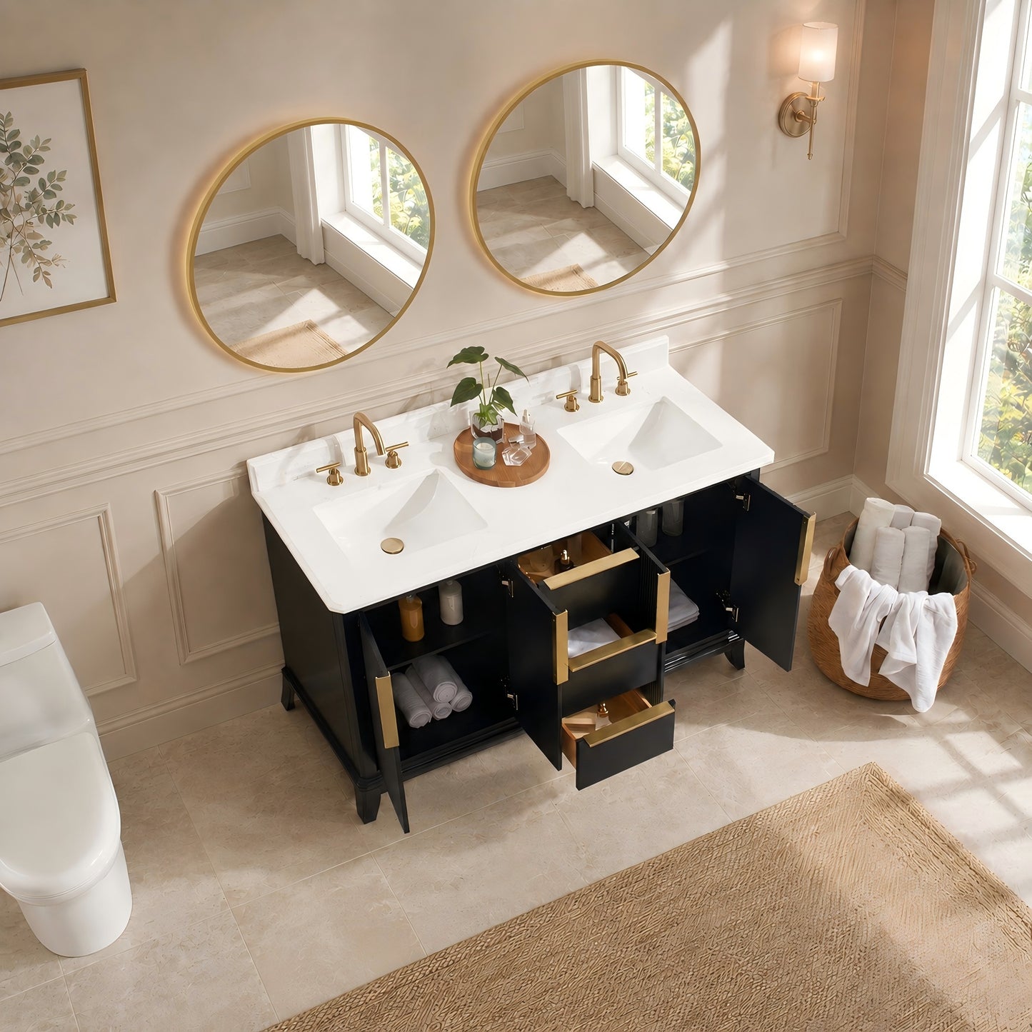 60" Black Fluted Double Sink Bathroom Vanity with White Engineered Stone Top, Dovetail Drawers, Soft-Close Doors & Fully Assembled