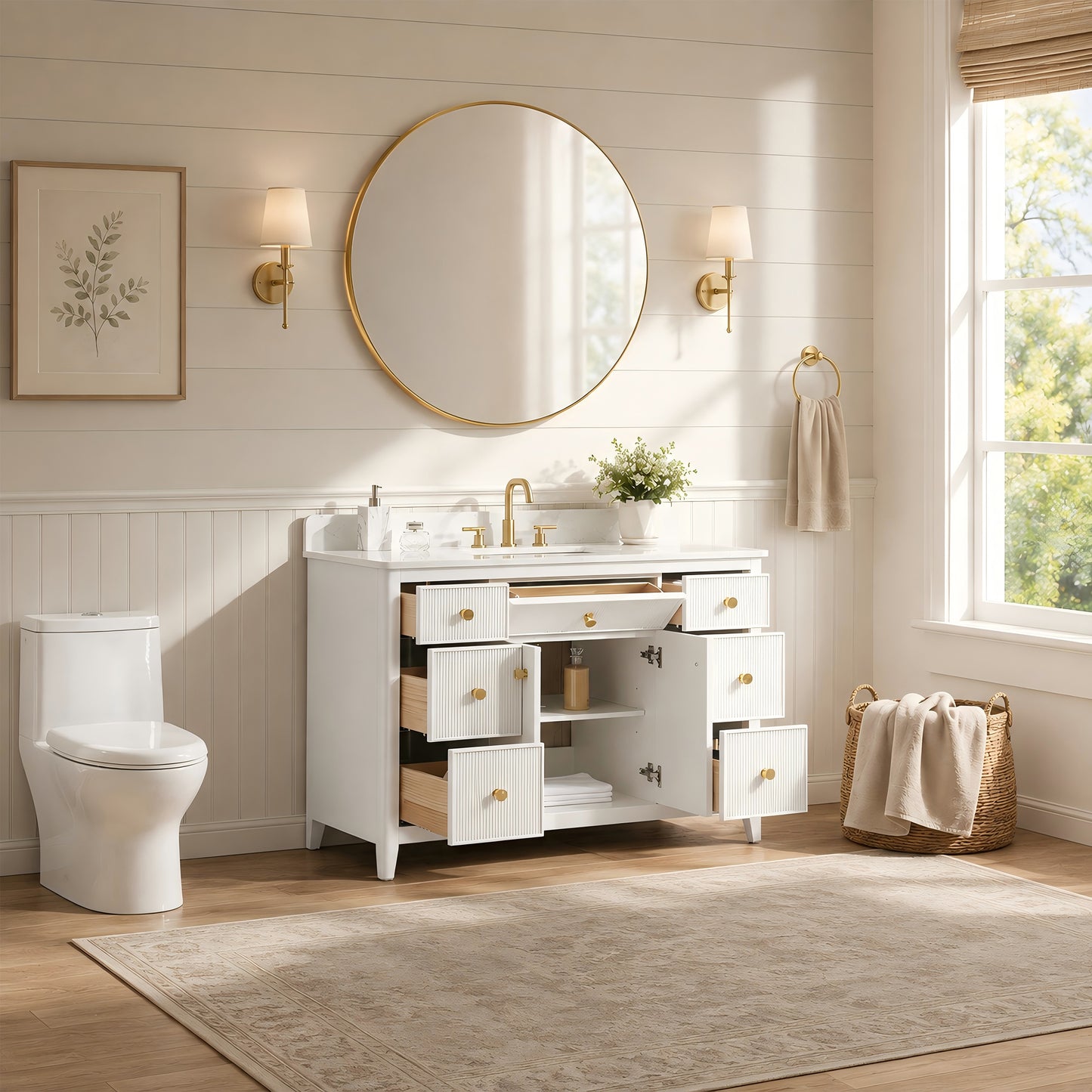 48" White Fluted Bathroom Vanity with Carrara White Engineered Stone Top, Undermount Sink, Solid Wood Frame, Soft-Close Doors, 7 Drawers & Fully Assembled