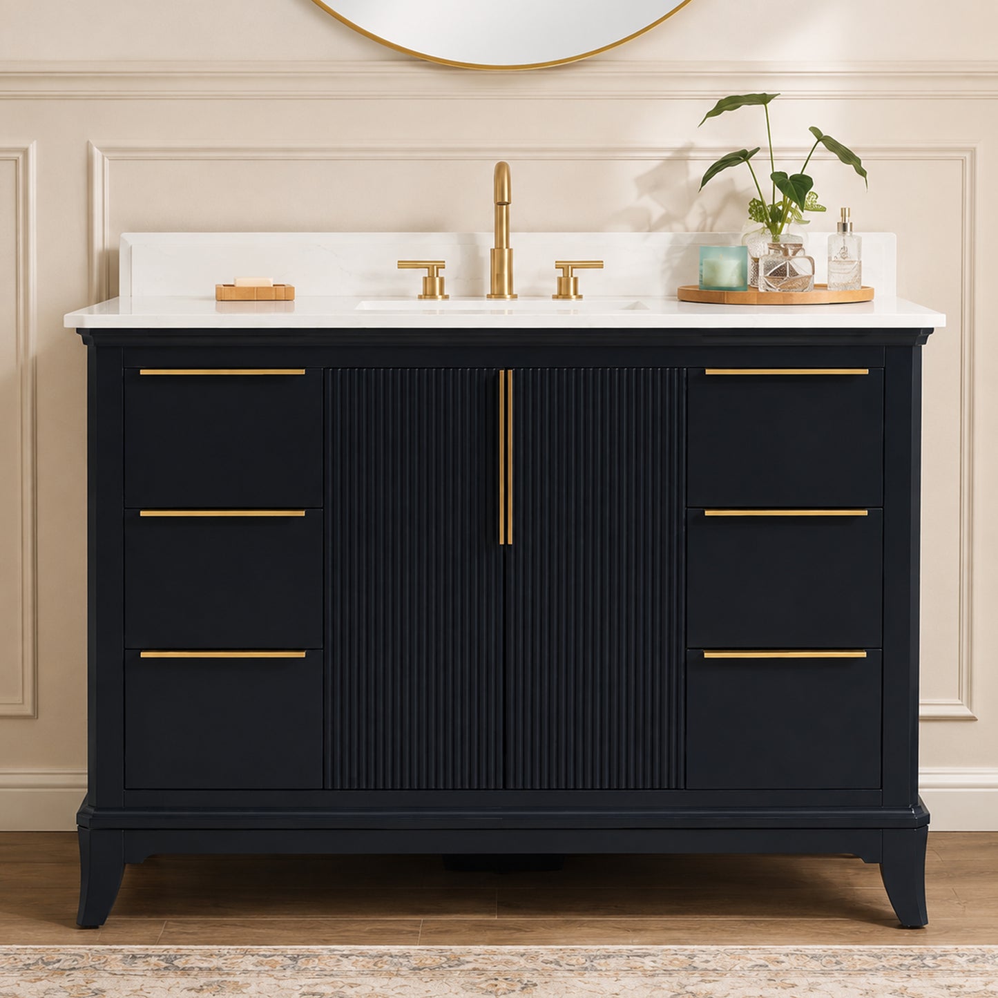 48" Black Fluted Bathroom Vanity with Carrara White Solid Surface Top, Undermount Sink, Solid Wood Frame, 6 Drawers & Fully Assembled