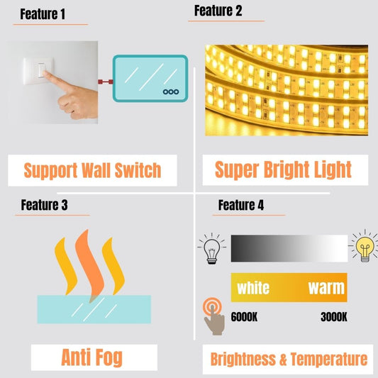 36 in. W x 24 in. H LED Rectangular Frameless Anti-Fog Bathroom Mirror Front Light