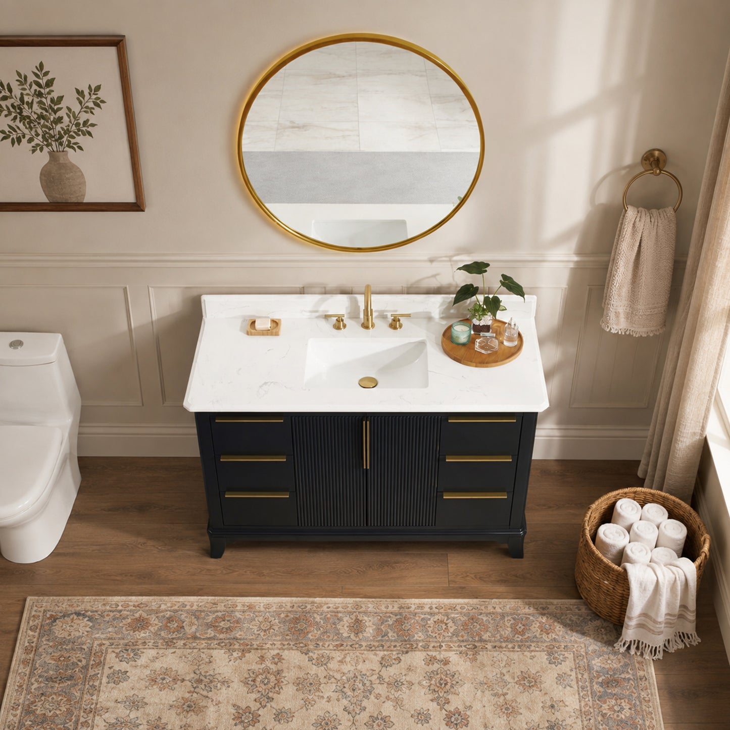 48" Black Fluted Bathroom Vanity with Carrara White Solid Surface Top, Undermount Sink, Solid Wood Frame, 6 Drawers & Fully Assembled