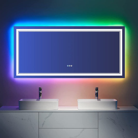 60 in W x36 in. H Led Large Rectangular RGB Anti-Fog Bathroom Mirror Front & Backlit