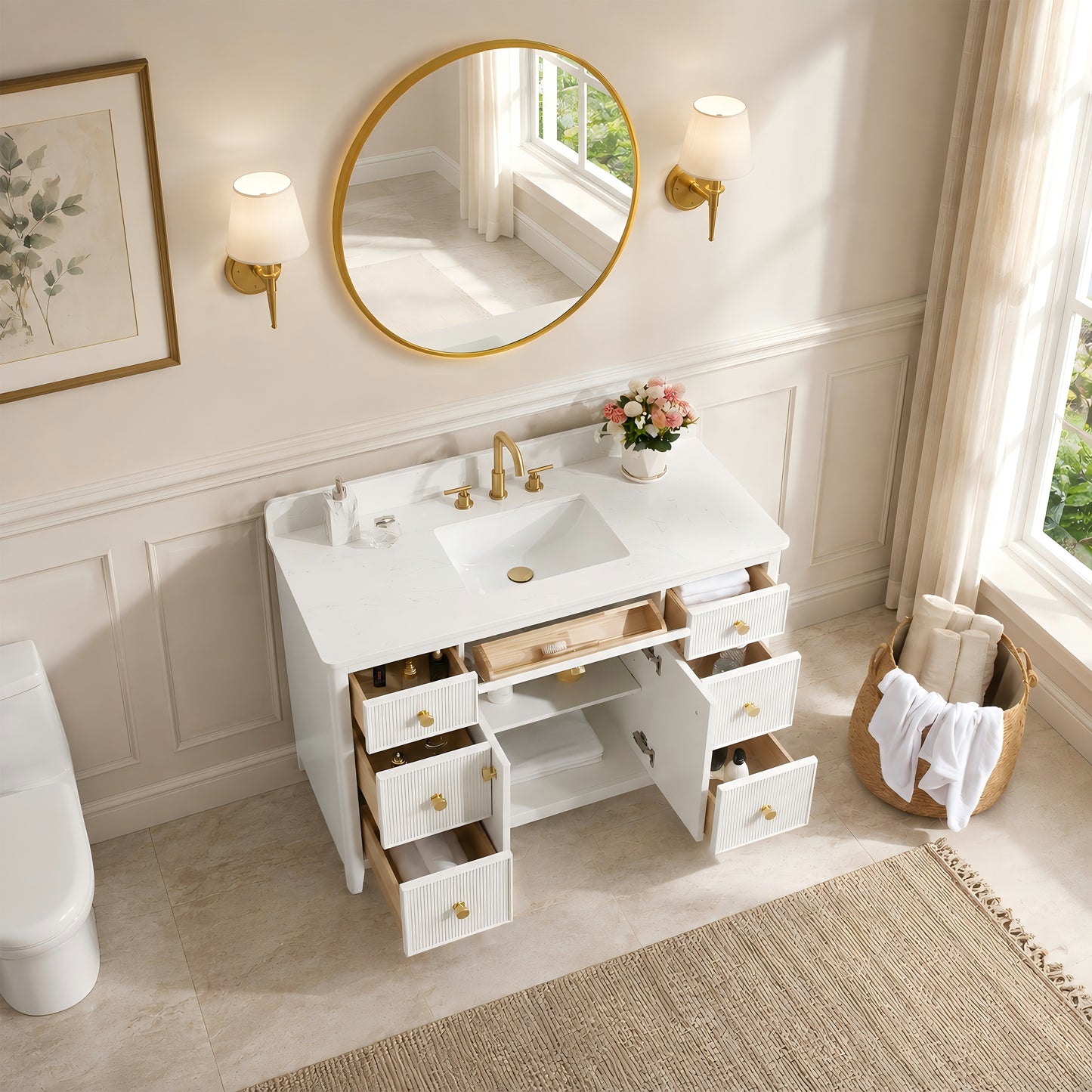 48" White Fluted Bathroom Vanity with Carrara White Engineered Stone Top, Undermount Sink, Solid Wood Frame, Soft-Close Doors, 7 Drawers & Fully Assembled