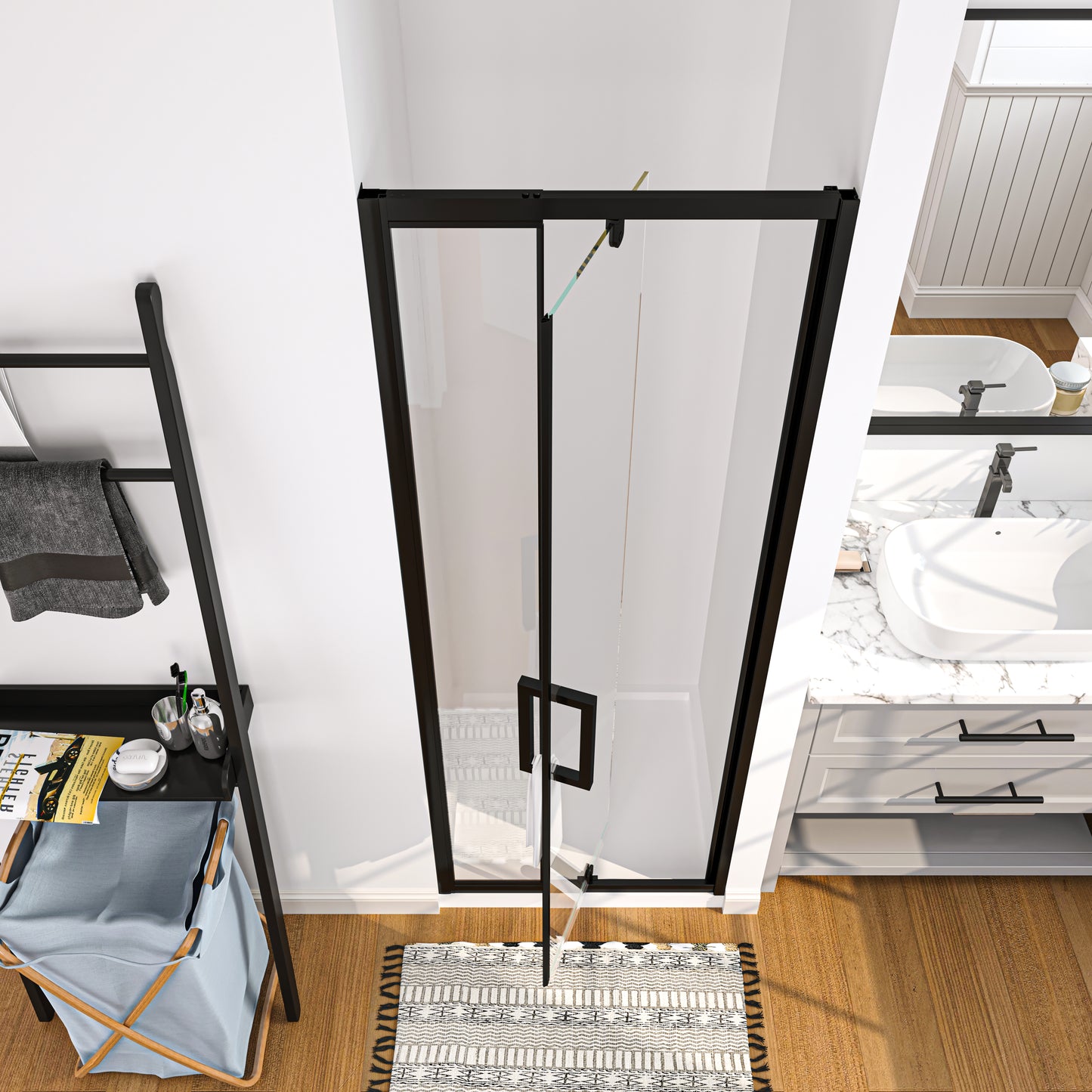 28-32 in. W x 72 in. H Pivot Swing Framed Shower Door Matte Black Clear Glass