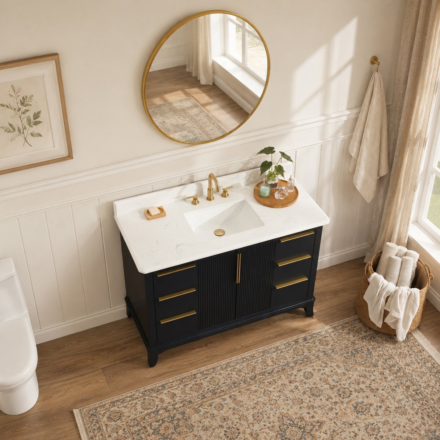 48" Black Fluted Bathroom Vanity with Carrara White Solid Surface Top, Undermount Sink, Solid Wood Frame, 6 Drawers & Fully Assembled