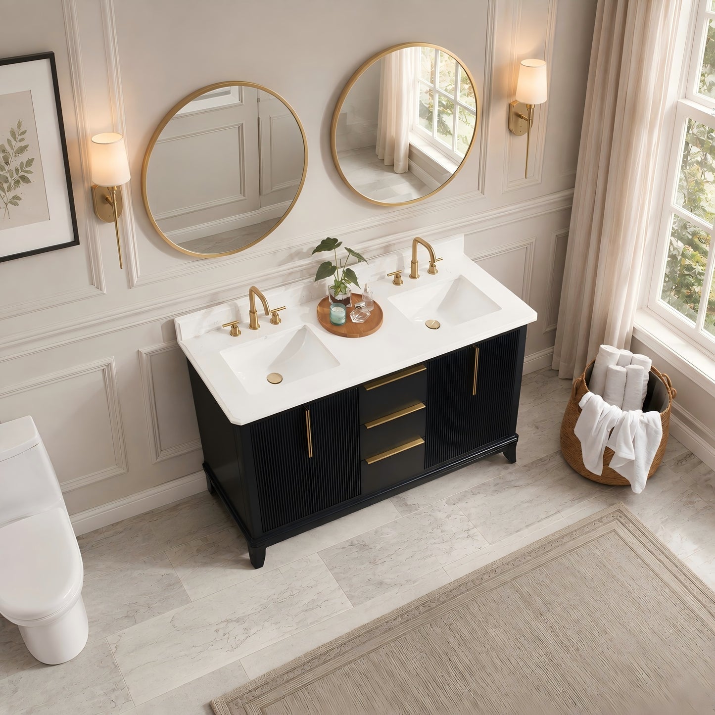 60" Black Fluted Double Sink Bathroom Vanity with White Engineered Stone Top, Dovetail Drawers, Soft-Close Doors & Fully Assembled