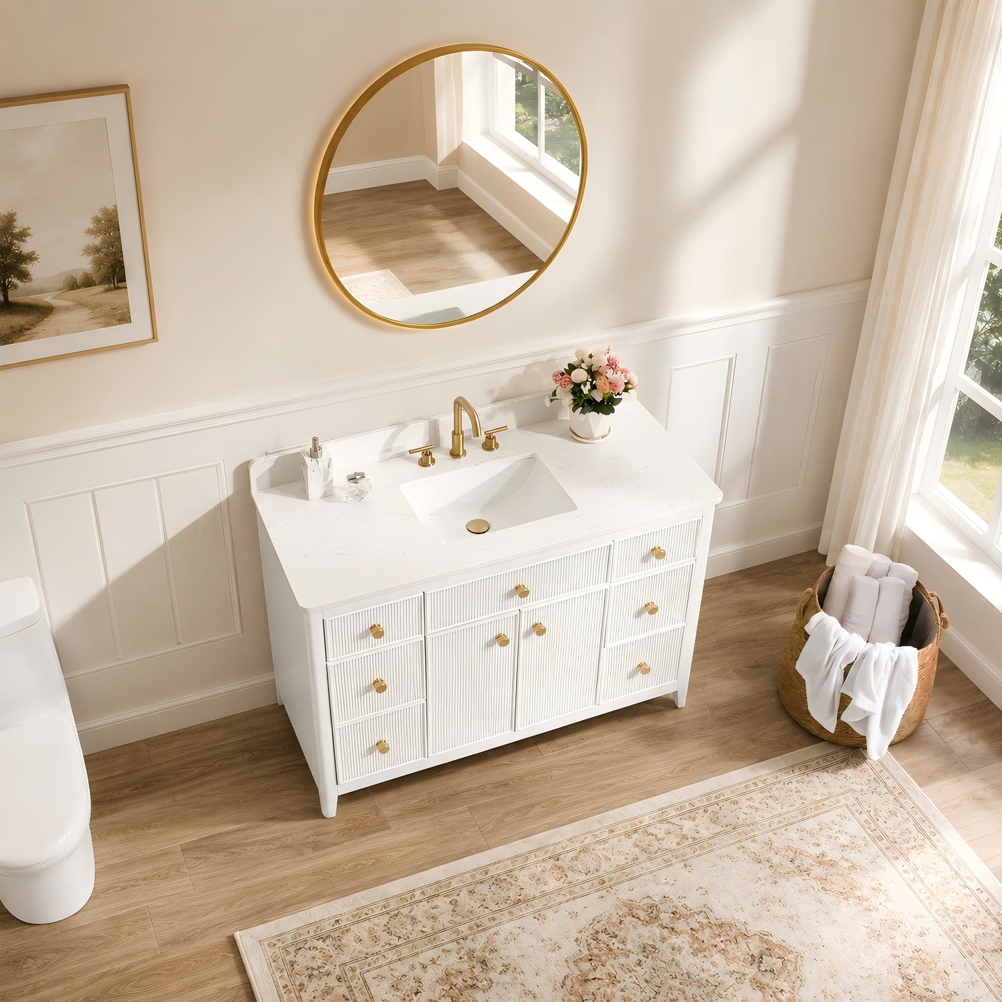 48" White Fluted Bathroom Vanity with Carrara White Engineered Stone Top, Undermount Sink, Solid Wood Frame, Soft-Close Doors, 7 Drawers & Fully Assembled