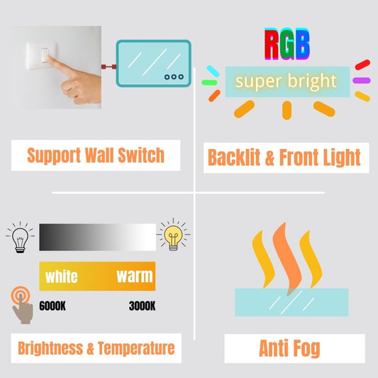 60 in. W x 30 in. H Led Large Rectangular RGB Anti-Fog Bathroom Mirror Front & Backlit