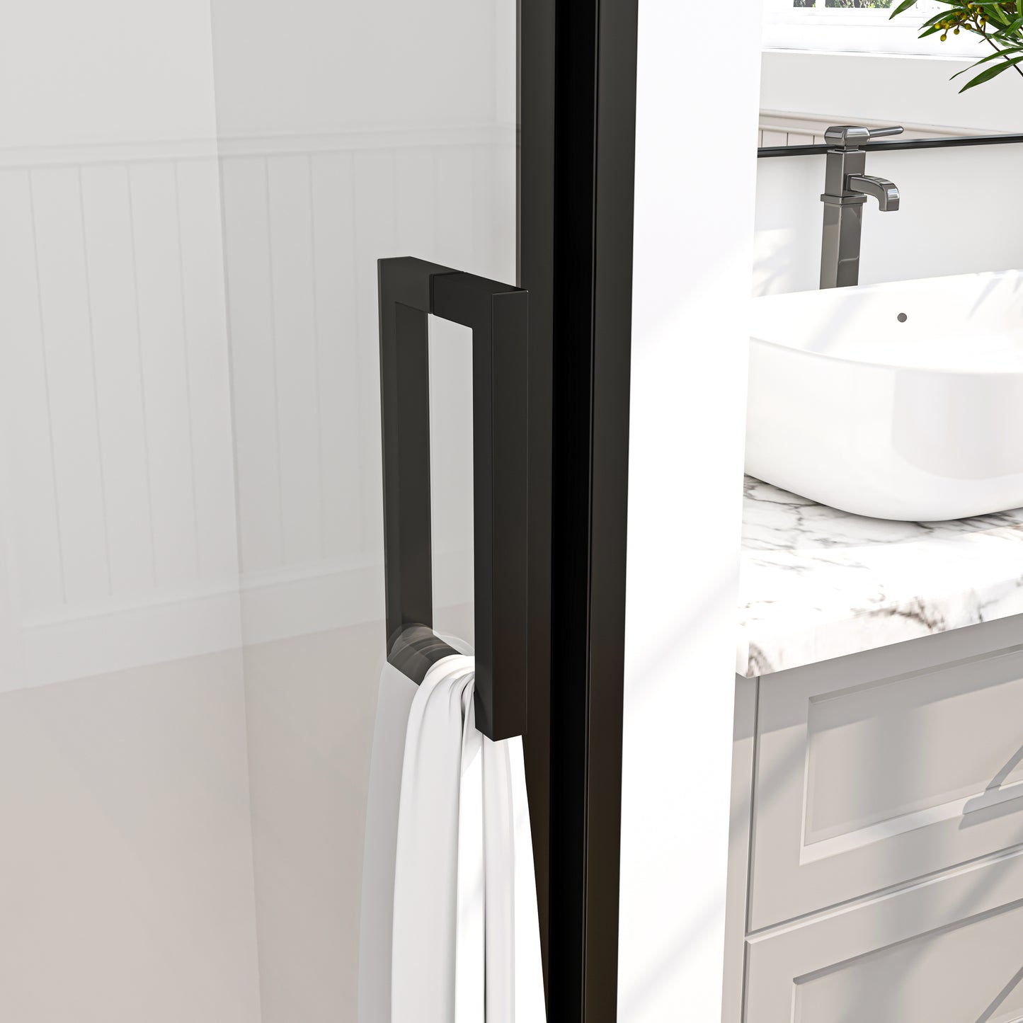 28-32 in. W x 72 in. H Pivot Swing Framed Shower Door Matte Black Clear Glass