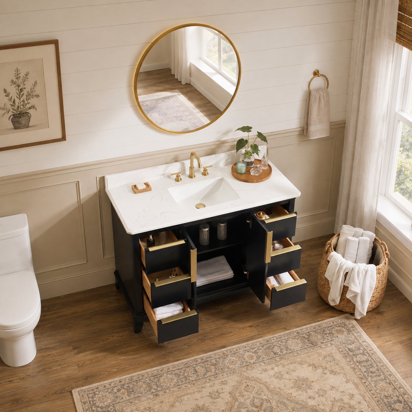 48" Black Fluted Bathroom Vanity with Carrara White Solid Surface Top, Undermount Sink, Solid Wood Frame, 6 Drawers & Fully Assembled