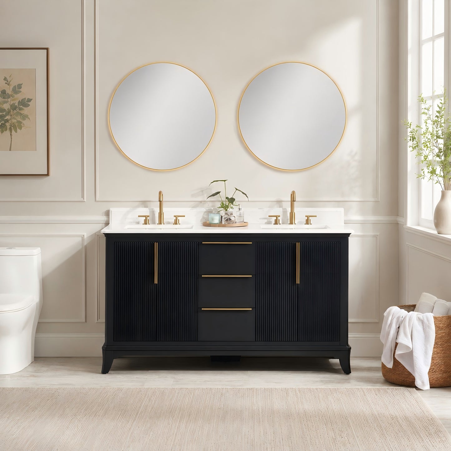 60" Black Fluted Double Sink Bathroom Vanity with White Engineered Stone Top, Dovetail Drawers, Soft-Close Doors & Fully Assembled