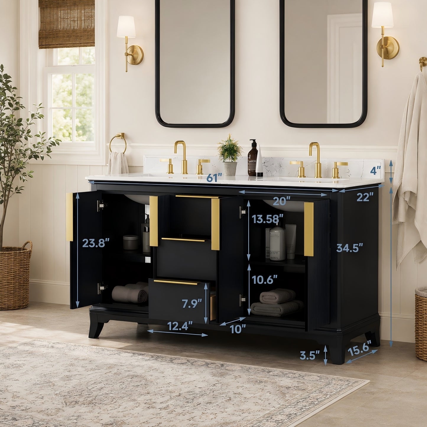 60" Black Fluted Double Sink Bathroom Vanity with White Engineered Stone Top, Dovetail Drawers, Soft-Close Doors & Fully Assembled