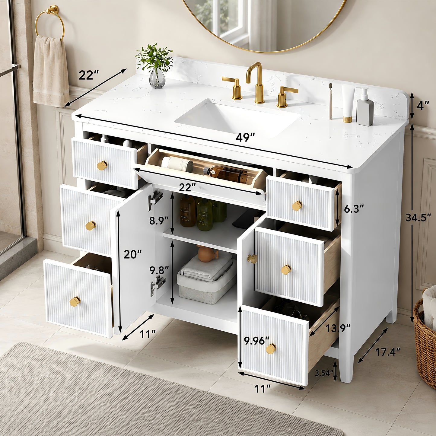 48" White Fluted Bathroom Vanity with Carrara White Engineered Stone Top, Undermount Sink, Solid Wood Frame, Soft-Close Doors, 7 Drawers & Fully Assembled