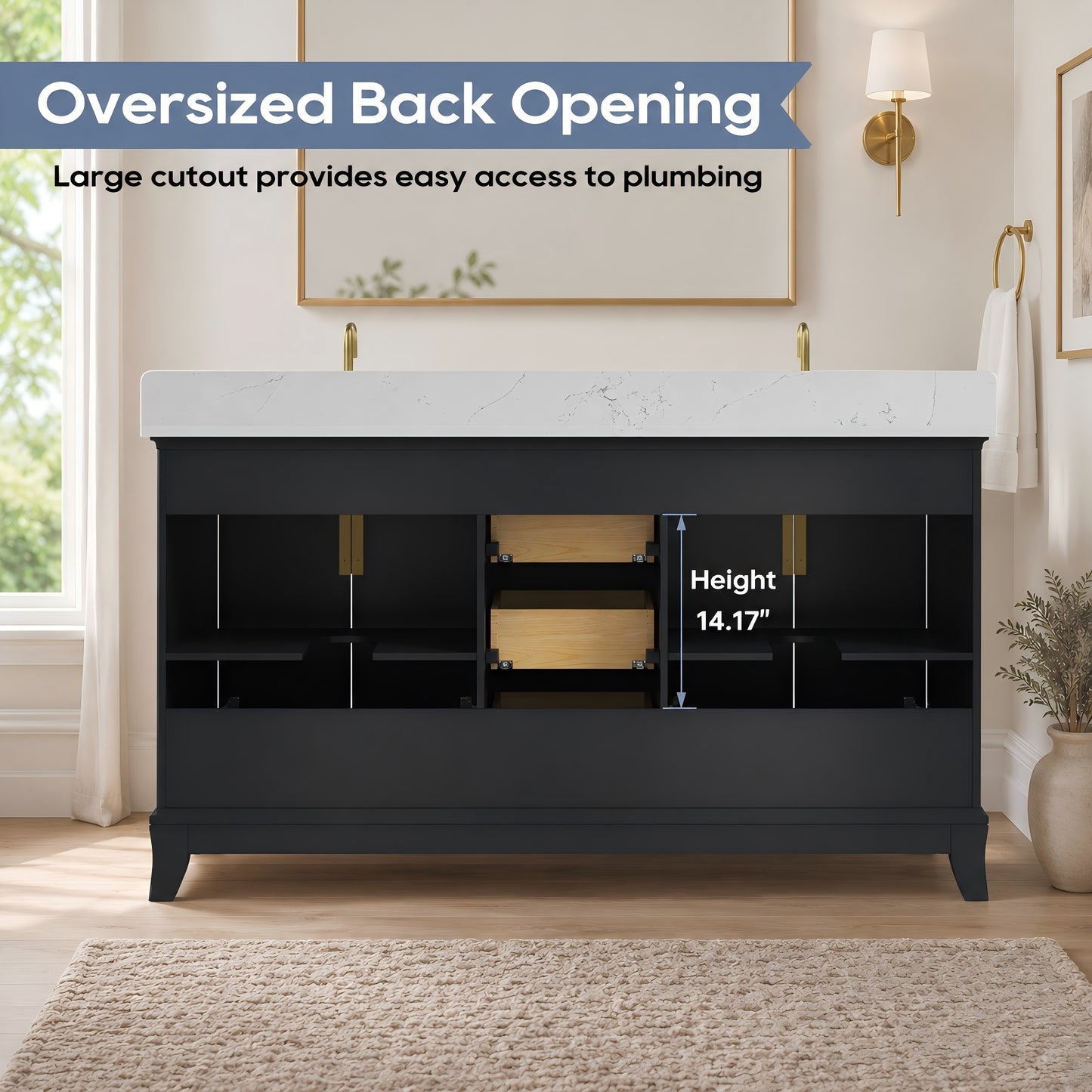 60" Black Fluted Double Sink Bathroom Vanity with White Engineered Stone Top, Dovetail Drawers, Soft-Close Doors & Fully Assembled