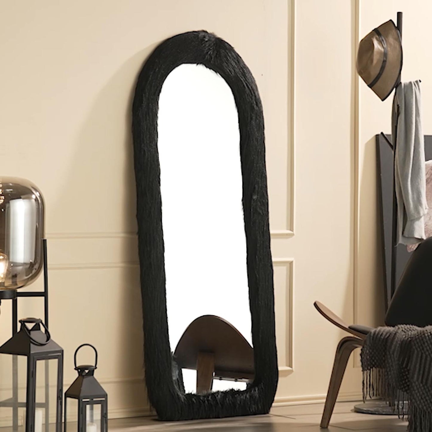 Arched Full Length Mirror with Fur Frame 63 in x 24 in