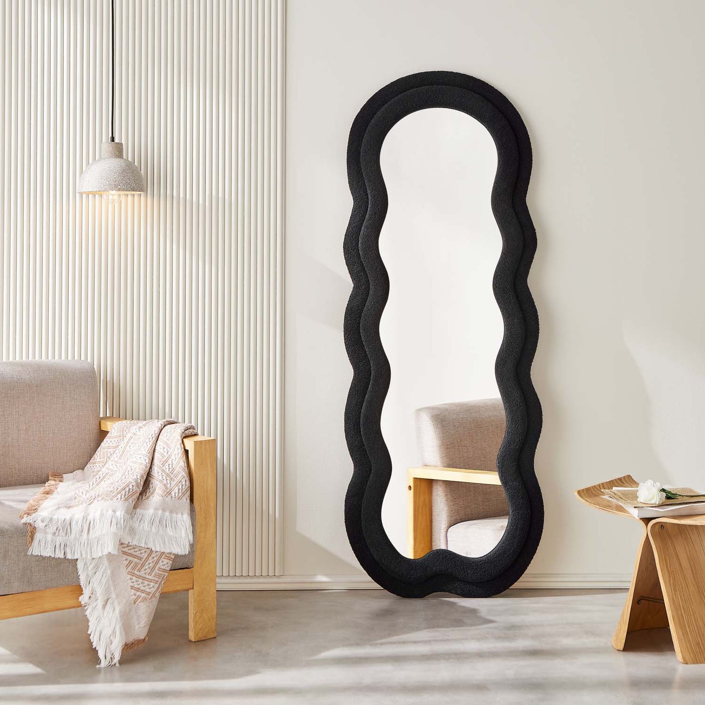 Wavy Floor Mirror with Flannelette Fabric Frame 63’’ x 24’’ (H x W) Black