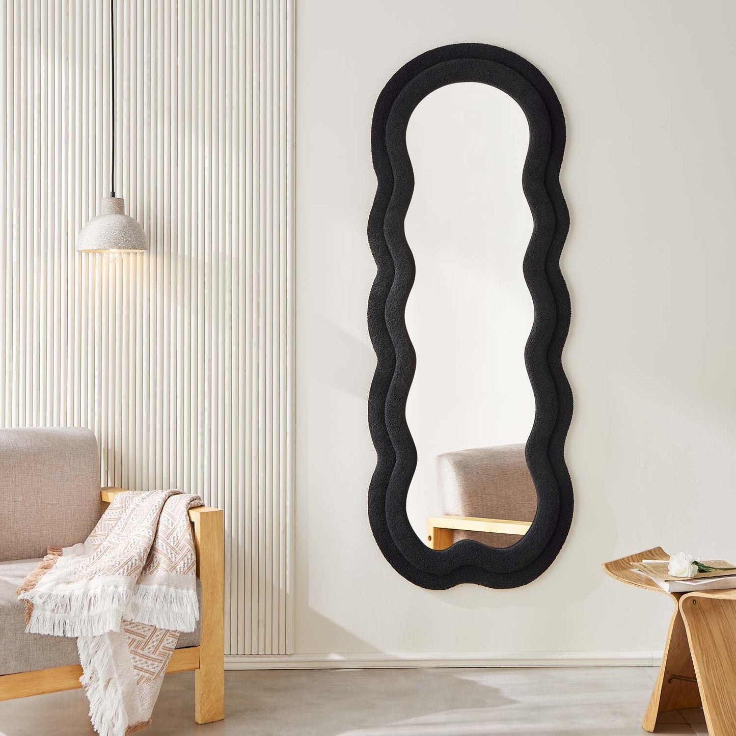 Wavy Floor Mirror with Flannelette Fabric Frame 63’’ x 24’’ (H x W) Black