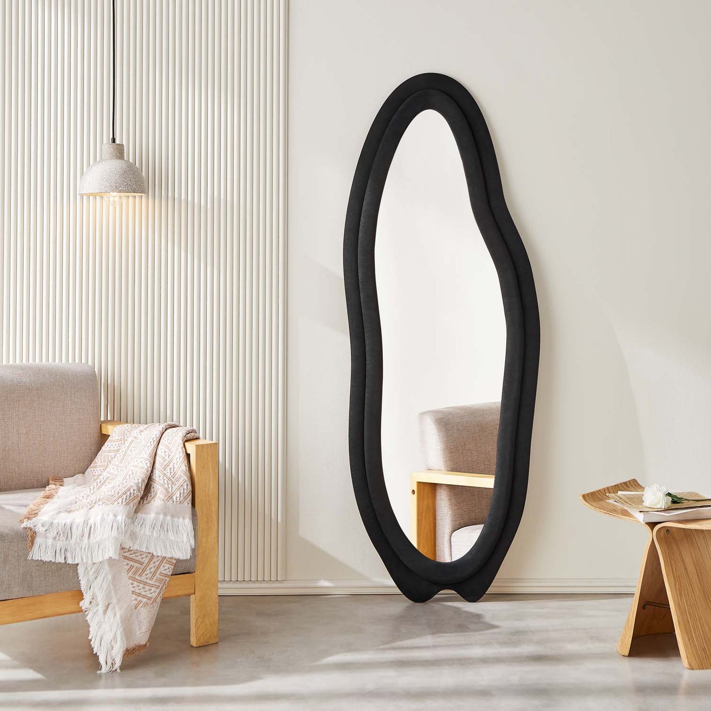 Full Length Irregular Mirror 63 in x 24 in with Flannelette Fabric Frame Black