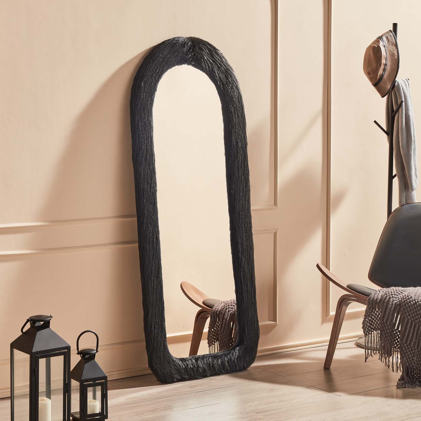 Black Arched Full Length Mirror with Fur Frame 63 in x 24 in