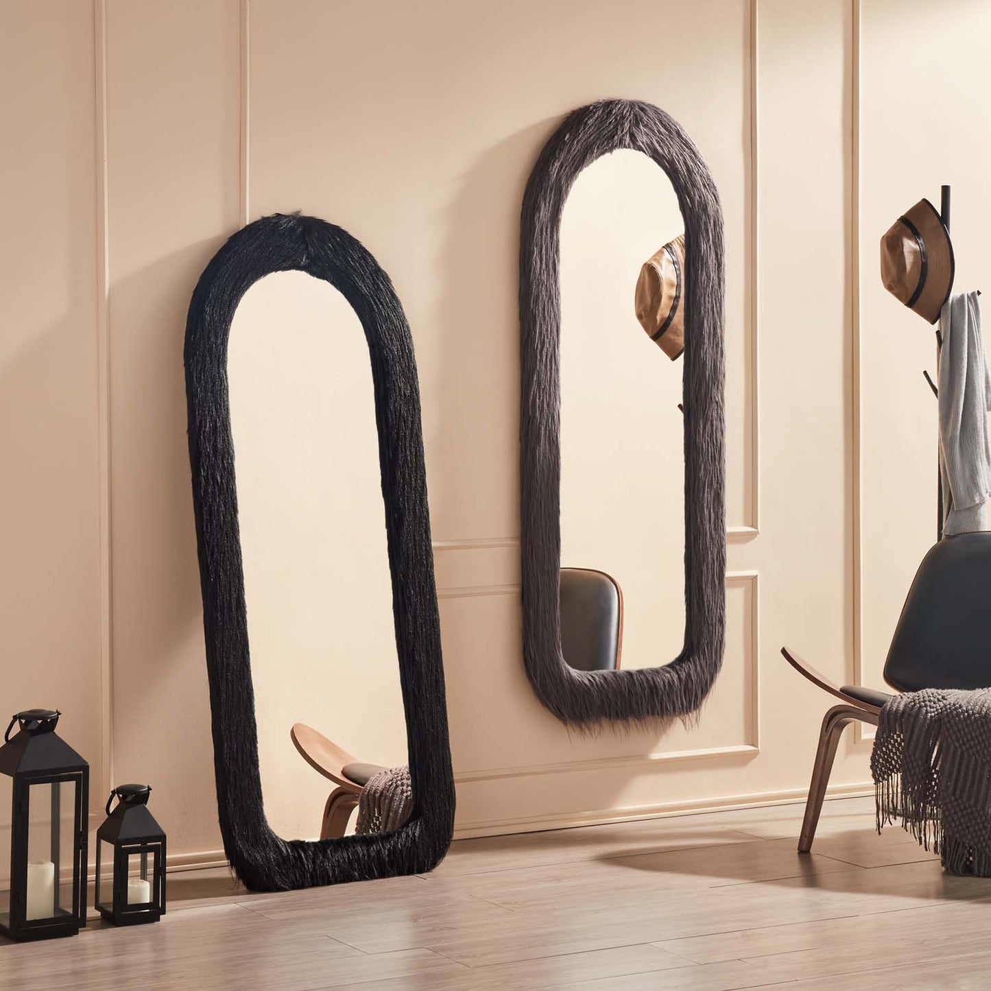 Black Arched Full Length Mirror with Fur Frame 63 in x 24 in