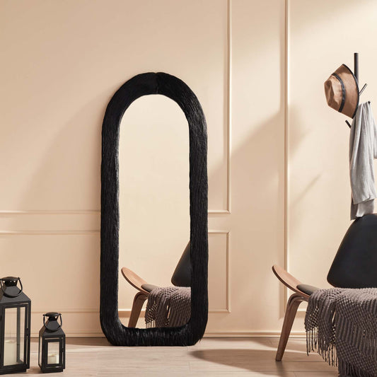 Black Arched Full Length Mirror with Fur Frame 63 in x 24 in
