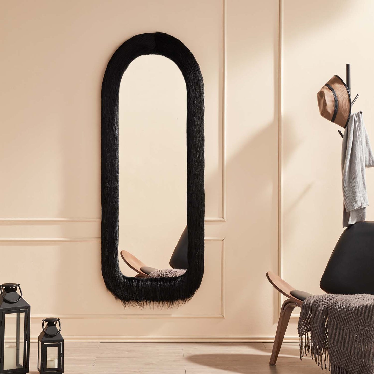 Black Arched Full Length Mirror with Fur Frame 63 in x 24 in