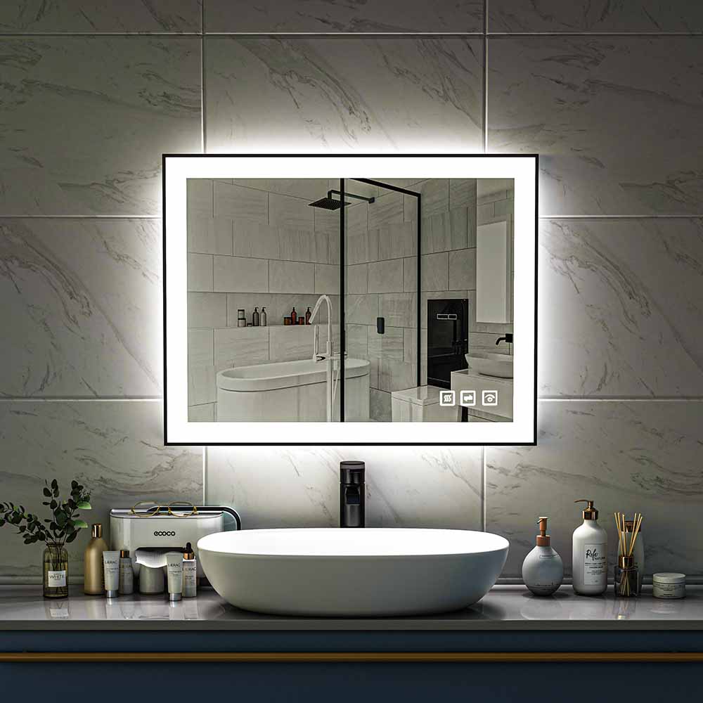 36'' W x 28'' H LED Bathroom Mirror, Fog Free, Dimmable, Black Frame, Front Light & Backlit