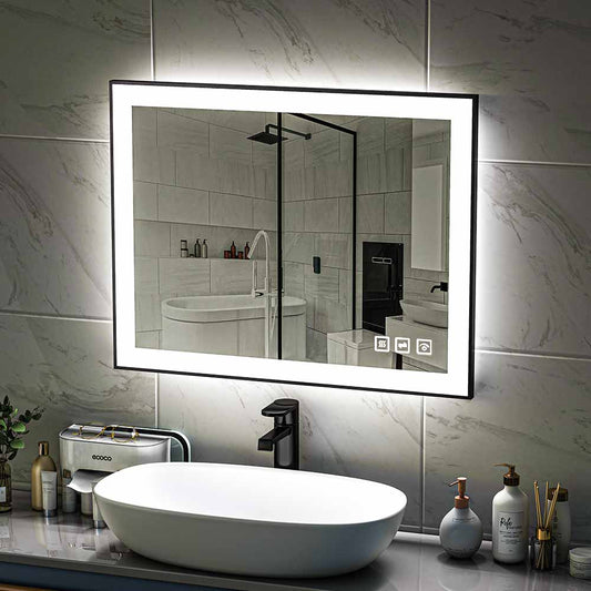 36'' W x 28'' H LED Bathroom Mirror, Fog Free, Dimmable, Black Frame, Front Light & Backlit