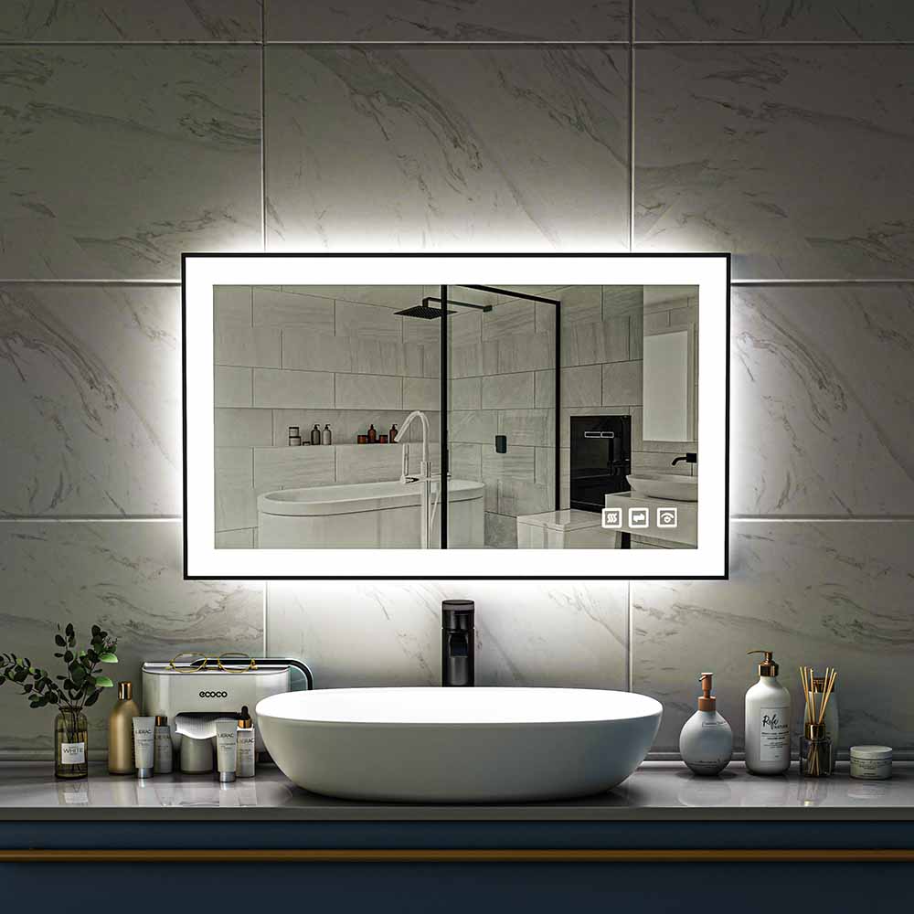 40'' W x 24'' H LED Bathroom Mirror, Fog Free, Dimmable, Black Frame, Front Light & Backlit