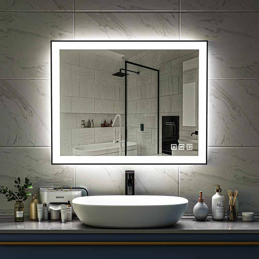 40'' W x 32'' H LED Bathroom Mirror, Fog Free, Dimmable, Black Frame, Front Light & Backlit