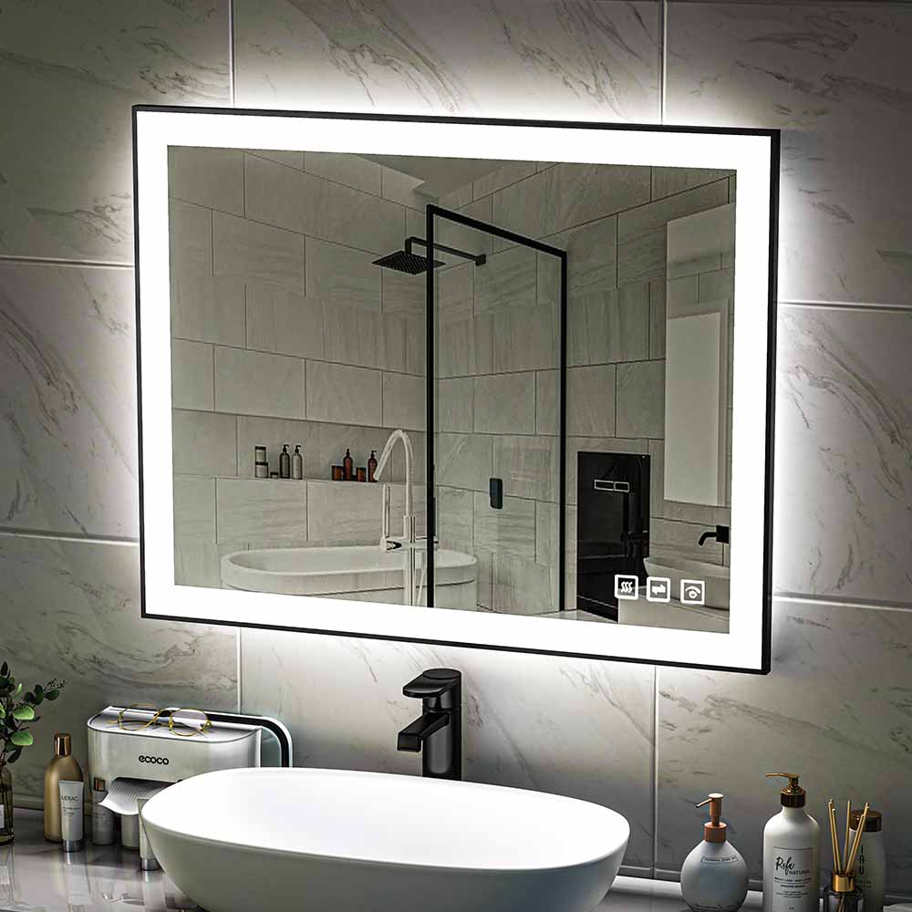 40'' W x 32'' H LED Bathroom Mirror, Fog Free, Dimmable, Black Frame, Front Light & Backlit