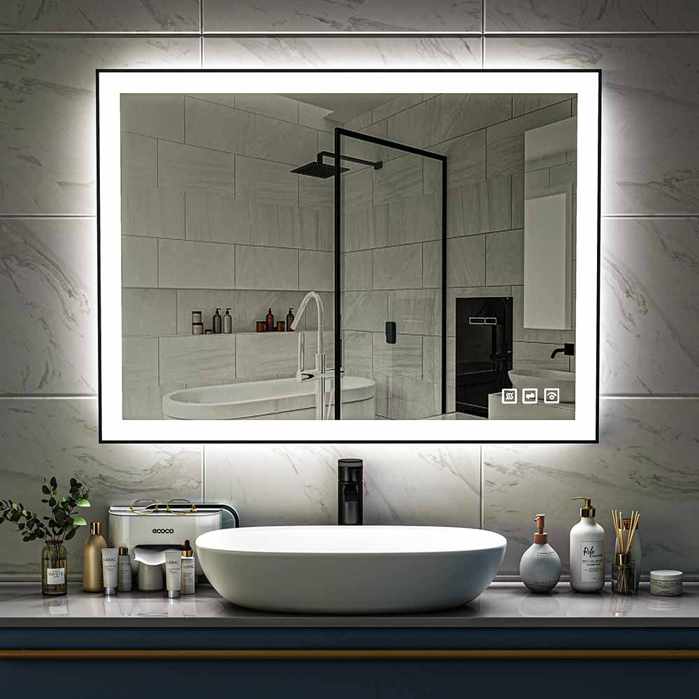 48'' W x 36'' H LED Bathroom Mirror, Fog Free, Dimmable, Black Frame, Front Light & Backlit
