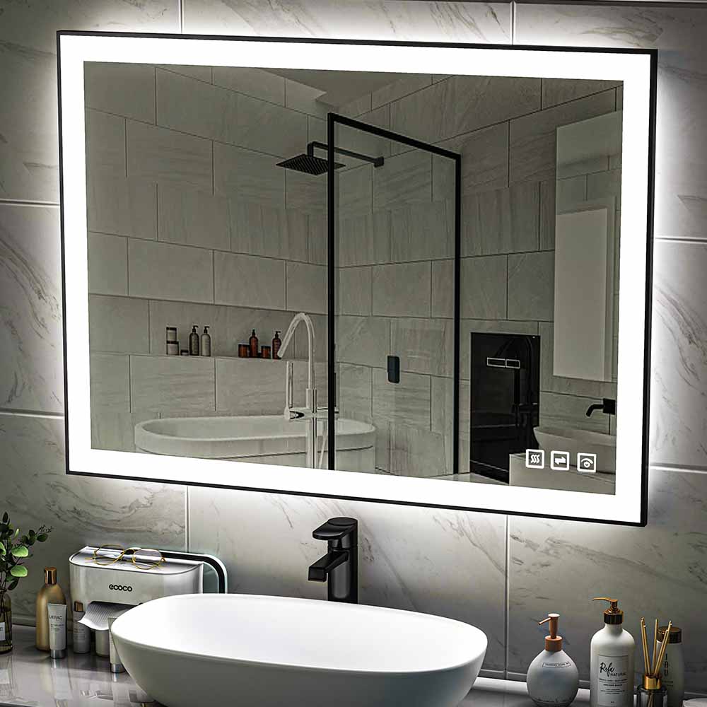 48'' W x 36'' H LED Bathroom Mirror, Fog Free, Dimmable, Black Frame, Front Light & Backlit