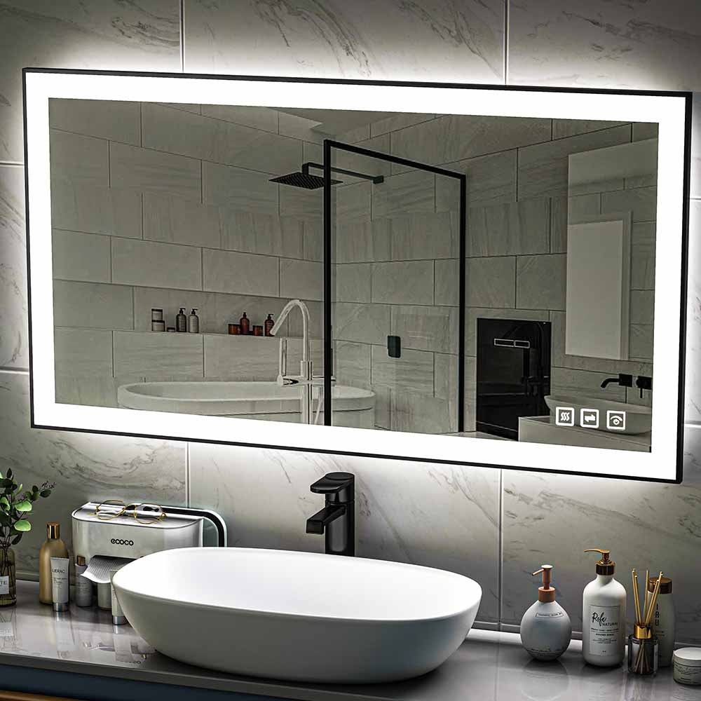 55'' W x 30'' H LED Bathroom Mirror, Fog Free, Dimmable, Black Frame, Front Light & Backlit