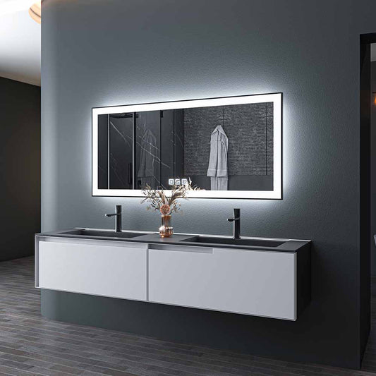 60'' W x 28'' H LED Bathroom Mirror, Fog Free, Dimmable, Black Frame, Front Light & Backlit