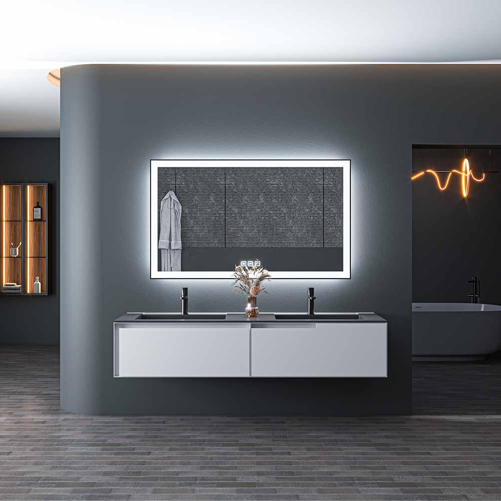 60'' W x 36'' H LED Bathroom Mirror, Fog Free, Dimmable, Black Frame, Front Light & Backlit