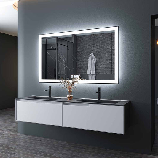 60'' W x 36'' H LED Bathroom Mirror, Fog Free, Dimmable, Black Frame, Front Light & Backlit