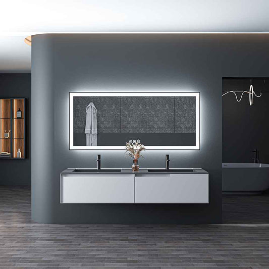 72'' W x 32'' H LED Bathroom Mirror, Fog Free, Dimmable, Black Frame, Front Light & Backlit