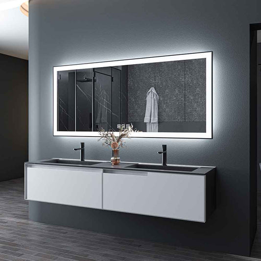 72'' W x 32'' H LED Bathroom Mirror, Fog Free, Dimmable, Black Frame, Front Light & Backlit