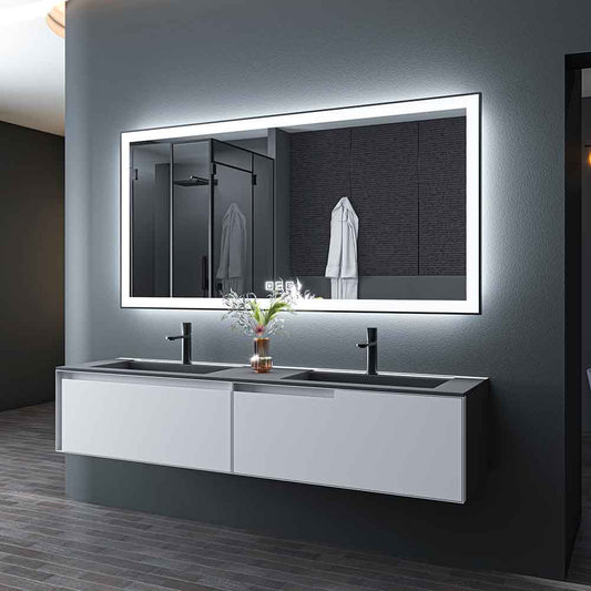 72'' W x 36'' H LED Bathroom Mirror, Fog Free, Dimmable, Black Frame, Front Light & Backlit