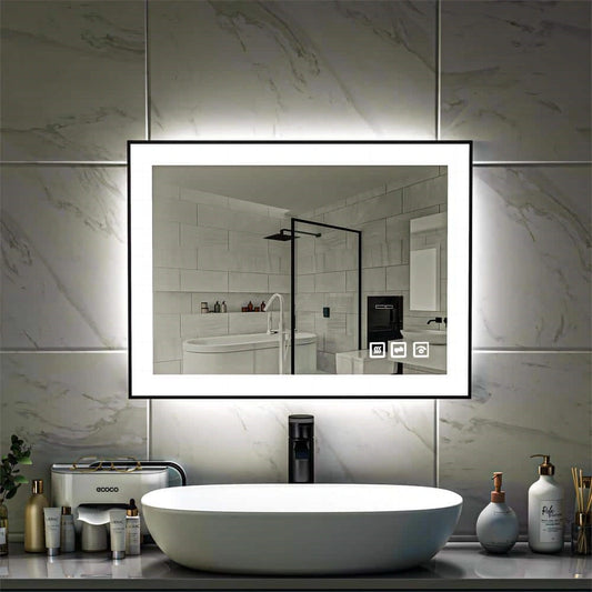 32'' W x 24'' H LED Bathroom Mirror, Black Framed, Fog Free, Dimmable, Front Light & Backlit